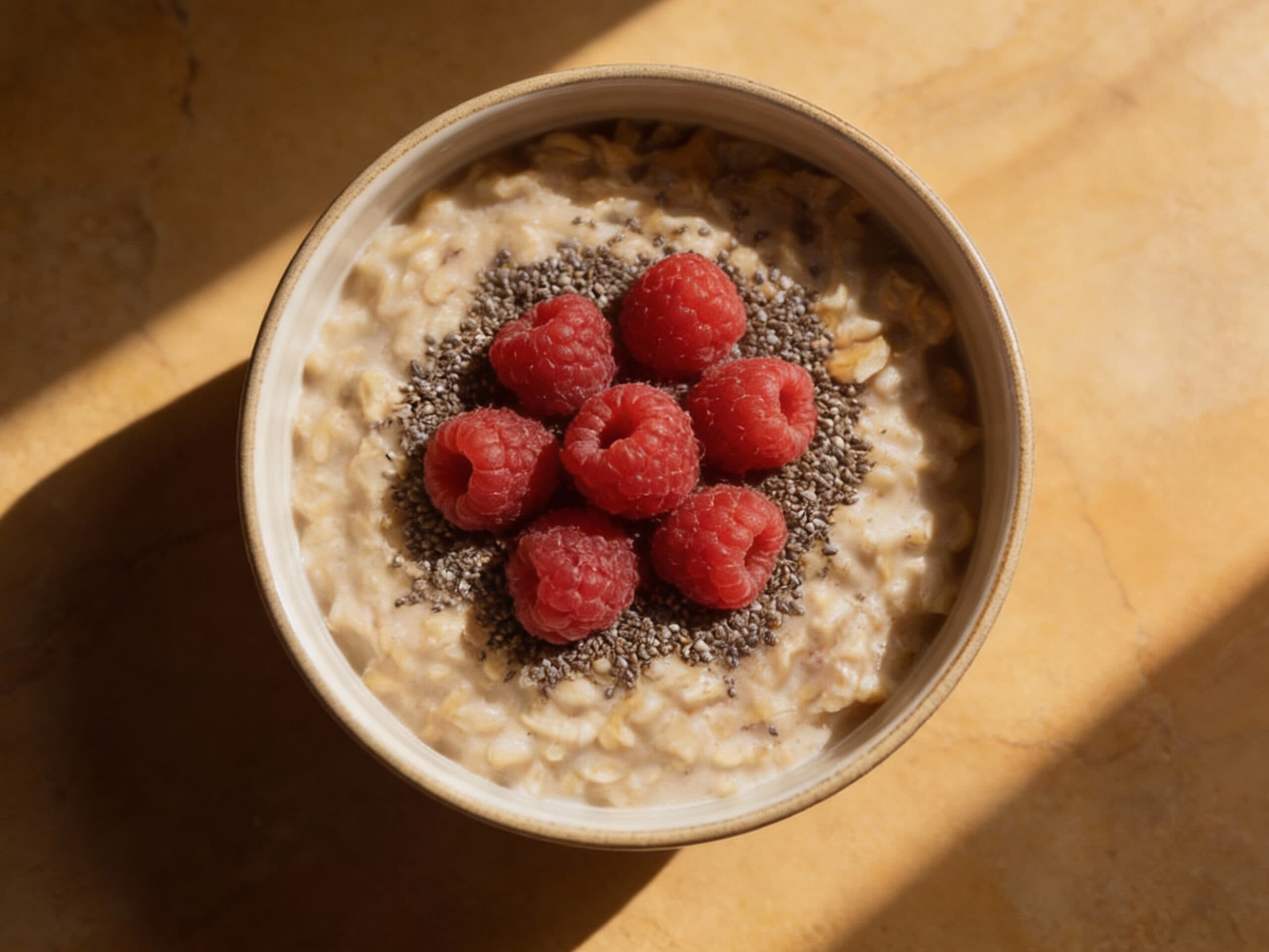 A bowl of oatmeal with berries and chia seeds