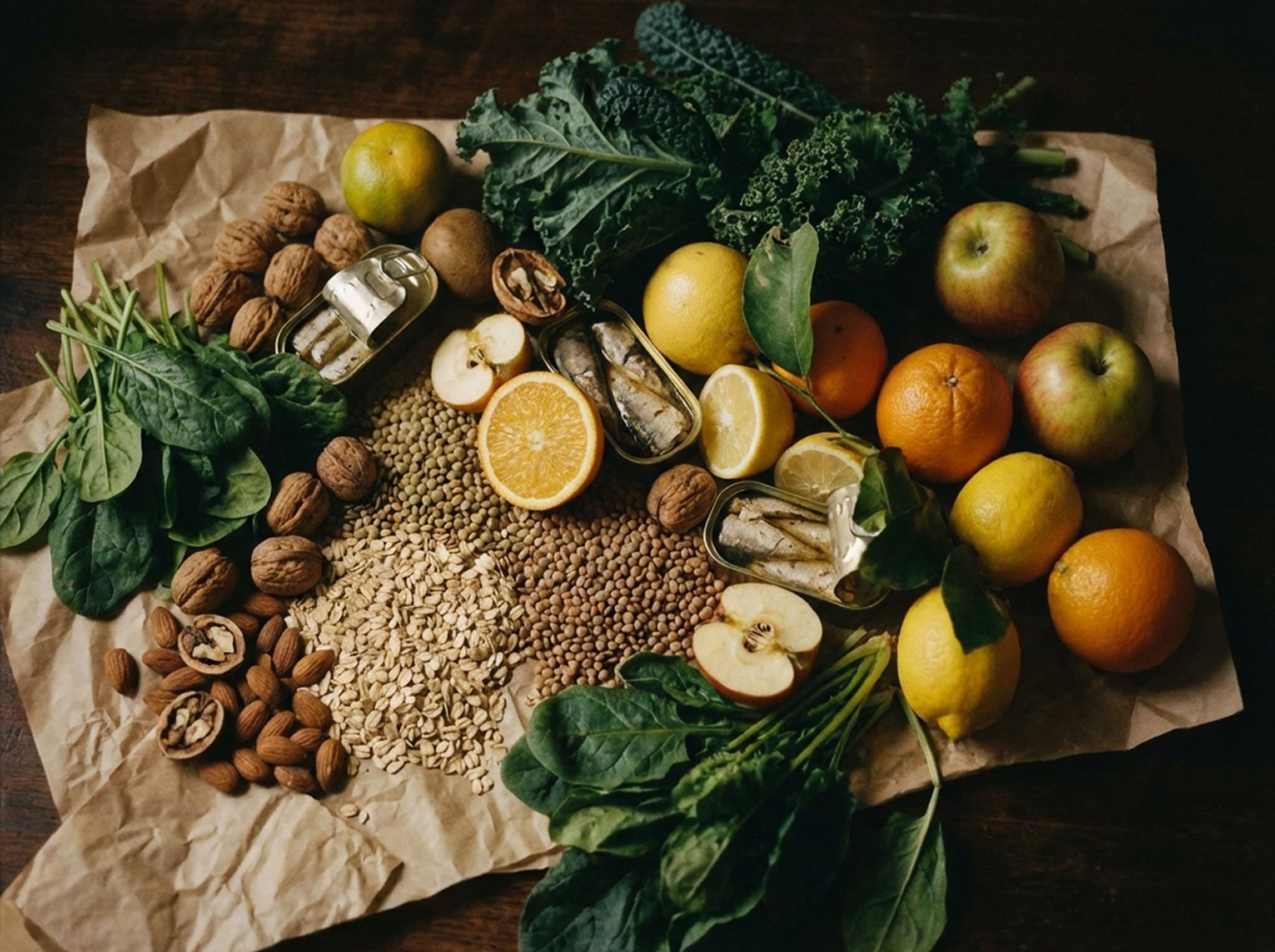 A tabletop filled with fruit and nuts